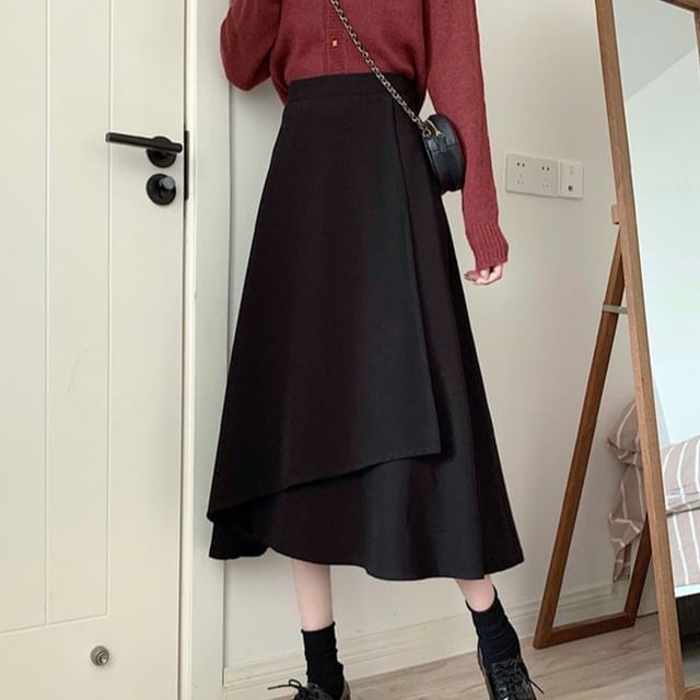 Sisyphi-High Waist Plain Wrap Midi A-Line Skirt