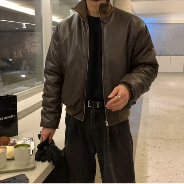 Omozando-Plain Zip Faux Leather Zip Jacket
