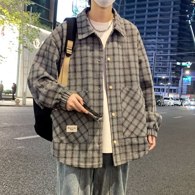 Stone Leo-Plaid Button-Up Shirt Jacket