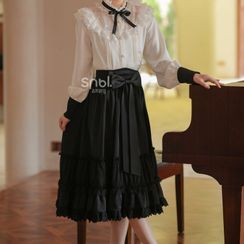 Moriville - Long-Sleeve Lace Trim Blouse / Midi A-Line Skirt