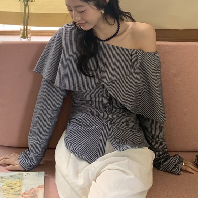 Coris-Long-Sleeve Off-Shoulder Striped Ruched Button-Up Blouse