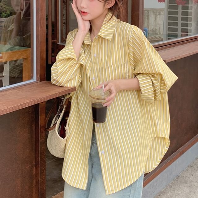 KUMI-Long Sleeve Collared Striped Oversized Shirt