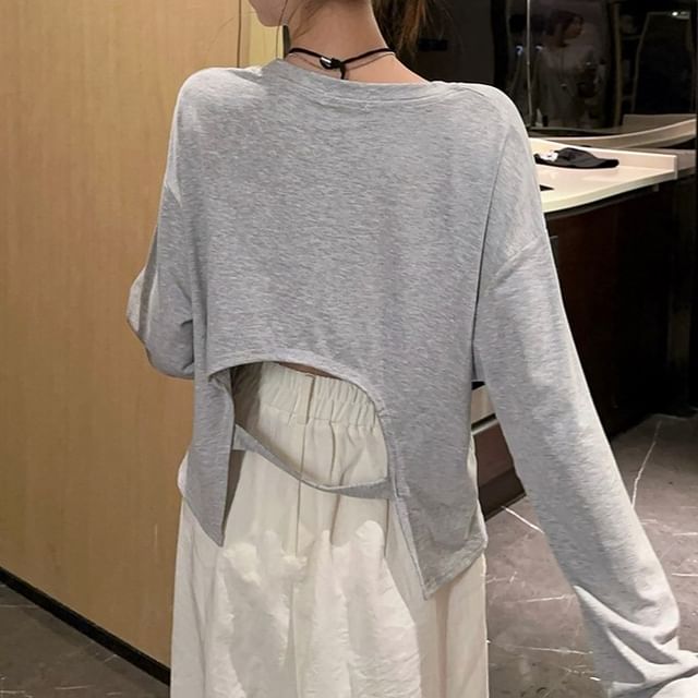 Trendycas-Long-Sleeve Crew Neck Plain Cutout Back Tee