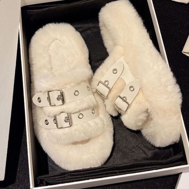 Anran-Buckled Fleece Platform Slide Sandals