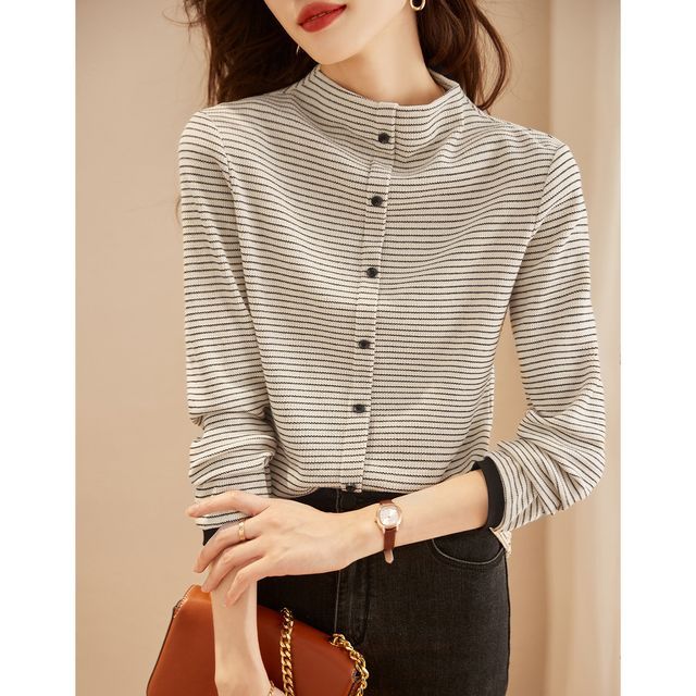 Jeonseon-Mock-Neck Striped Button-Up Jacket