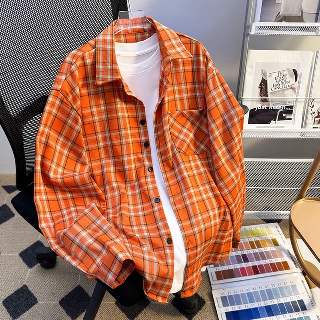 Whyessa-Long-Sleeve Collared Plaid Button Up Oversized Shirt