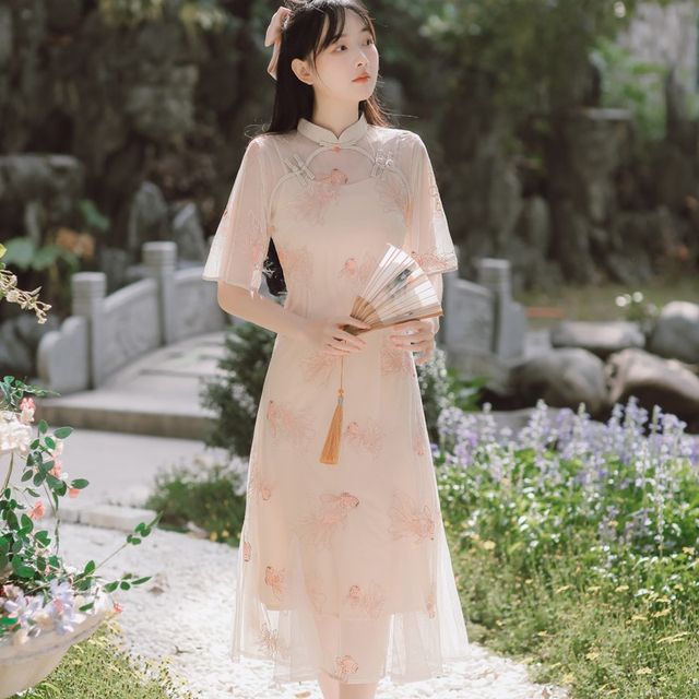 Glaypio - Set: Short-Sleeve Mandarin Collar Goldfish Embroidered Ruffle  Mesh Midi A-Line Dress + Spaghetti Strap Plain Under Dress | YesStyle