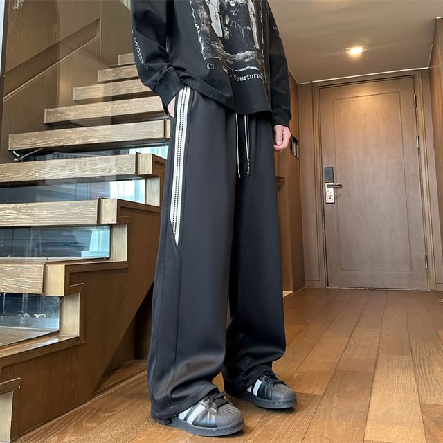 Aozora-Drawstring Waist Two Tone Wide Leg Pants