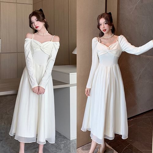 Cold Shoulder Long Sleeve Plain Knotted Midi A Line Dress