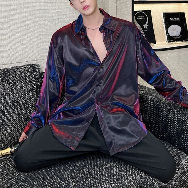 Adothuiastic-Long-Sleeve Collared Metallic Shirt