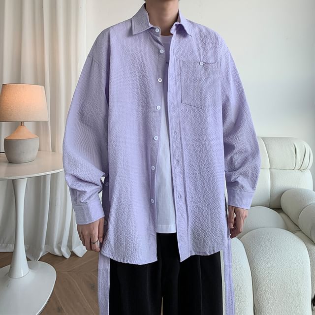 Drawouf-Long-Sleeve Plain Textured Button-Up Shirt