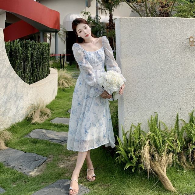 navy blue dress for baby girl 12th Tone - Long-Sleeve Off-Shoulder Floral Midi A-Line Dress