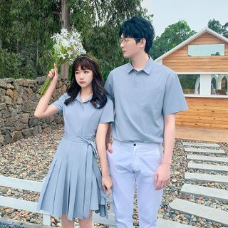 NoonSun Couple Matching Short Sleeve Shirt Pants Midi A Line Dress