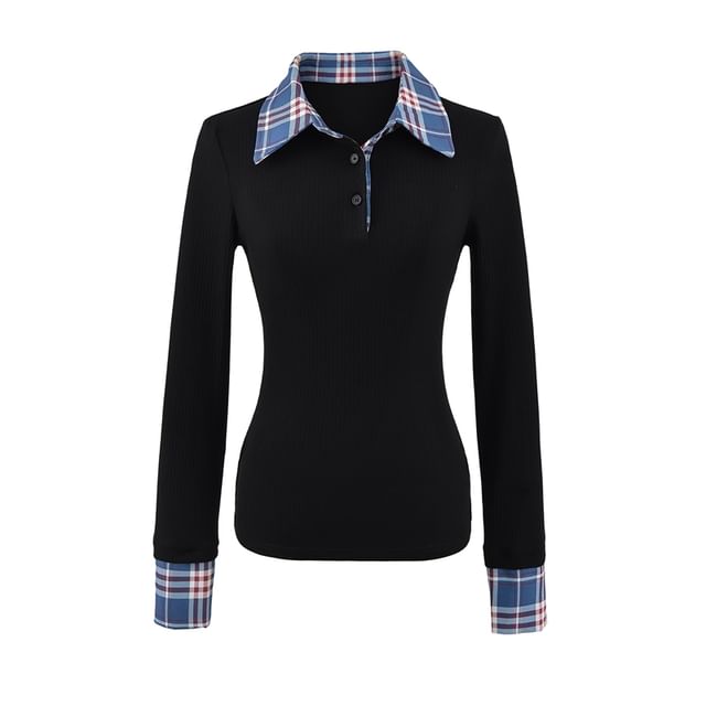 Ulark-Long-Sleeve Collar Plain Plaid Panel Tee