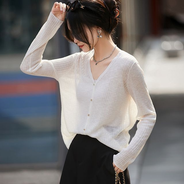 Everose-V-Neck Plain Cardigan