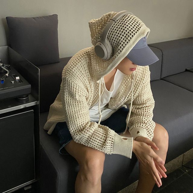 Okwano-Long-Sleeve Pointelle-Knit Plain Hooded Jacket