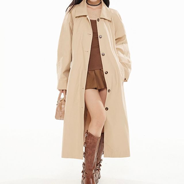 KUMI-Collar Plain Midi Single-Breasted Trench Coat