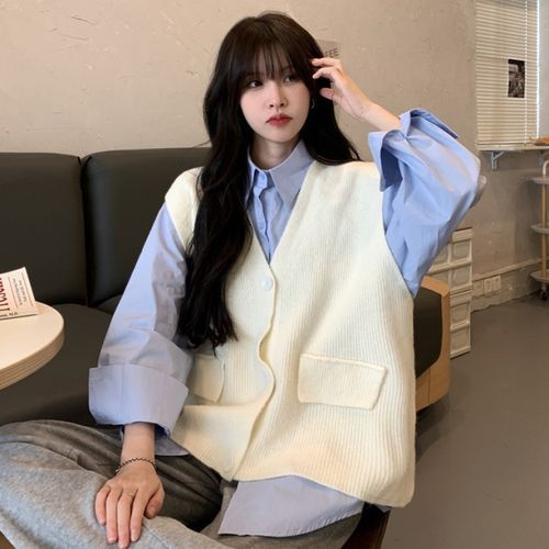 Dute Plain Oversized Shirt V-Neck Plain Applique Button-Up