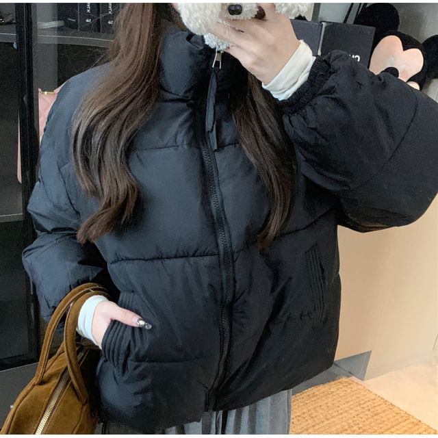 Trendycas-Plain Zip Puffer Jacket