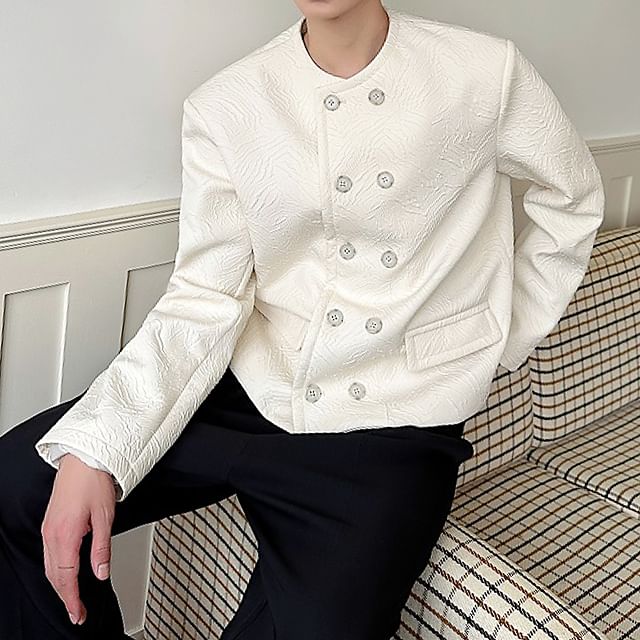 Bjorn-Round Neck Plain Textured Double Breasted Jacket