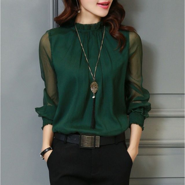 Muezz-Puff-Sleeve Mock-Neck Chiffon Plain Blouse