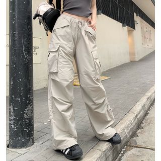 AXEN - Drawstring Waist Plain Ruched Wide Leg Cargo Pants