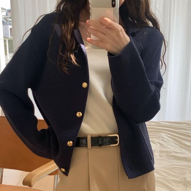 Coris-Lapel Collar Plain Cardigan