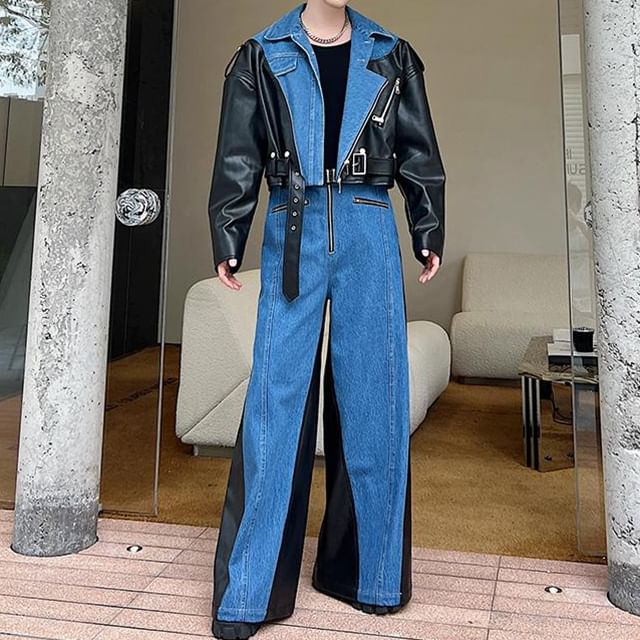 Adothuiastic Set: Collared Denim Panel Faux Leather Zip Biker