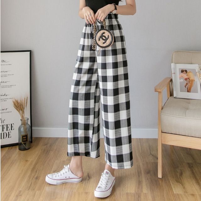 Everose-Drawstring Waist Plaid Wide Leg Pants