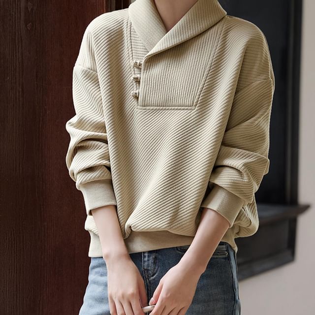 Jeonseon-Drop Shoulder Shawl Collar Plain Oversized Pullover