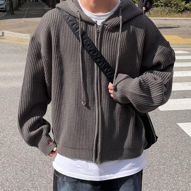 Nightbell-Hooded Zip-Up Plain Cardigan