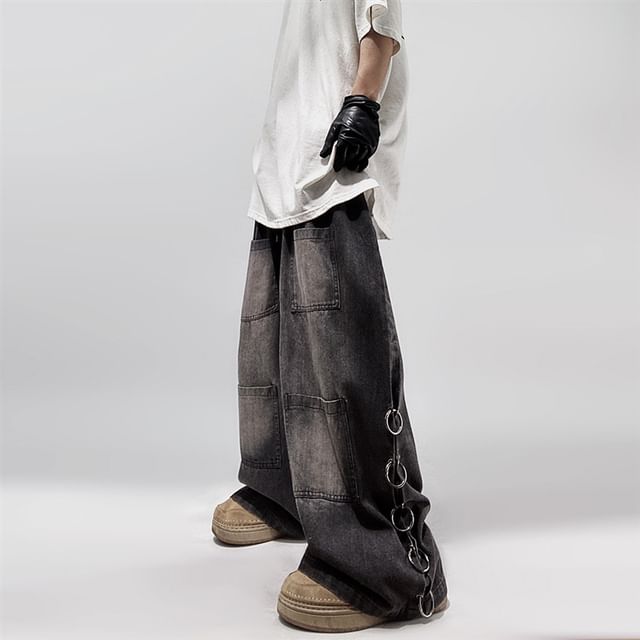 Cowpow-High Waist Loop Accent Wide Leg Jeans