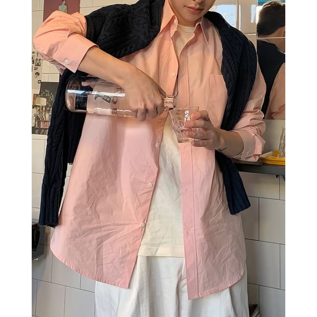 Okwano-Long Sleeve Collared Plain Oversized Button Up Shirt