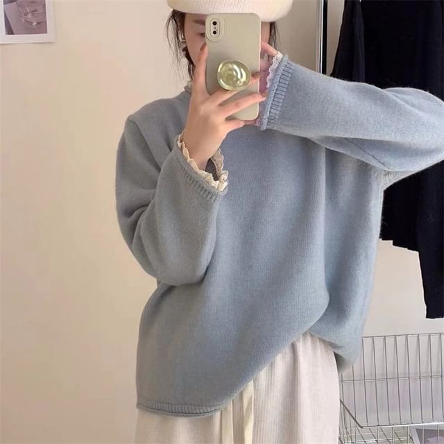 FR-Long-Sleeve Crew Neck Plain Lace Trim Sweater