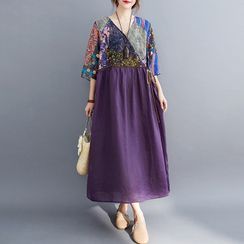 Iscat - Short-Sleeve Floral Print Panel Midi A-Line Dress