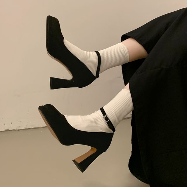Nikao-Chunky Heel Ankle Strap Plain Pumps