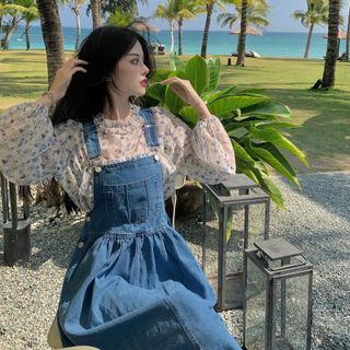 Closette - Long-Sleeve Chiffon Floral Print Shirt + Overall Denim Dress | YesStyle Closette - Long-Sleeve Chiffon Floral Print Shirt + Overall Denim Dress | YesStyle