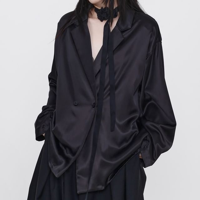 Ravenstem-Satin Double Breasted Plain Blazer
