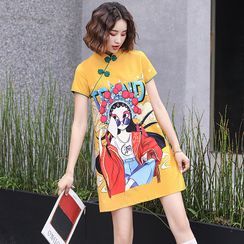 TEALI - Short-Sleeve Mandarin Collar Print Mini Dress