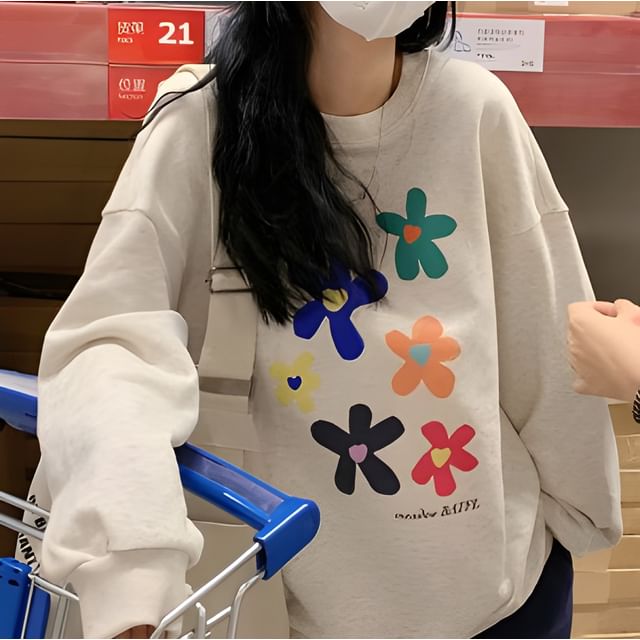 Long-Sleeve Crew Neck Floral Print Sweatshirt