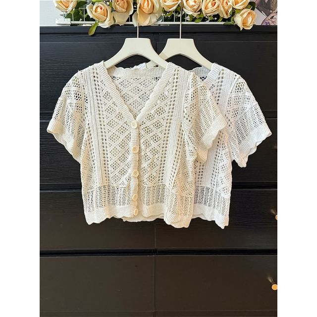 Lemongrass-Eyelet V-Neck Button-Up Crop Top