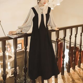 Waltzer - Set: Long-Sleeve Blouse + Midi Jumper Dress | YesStyle