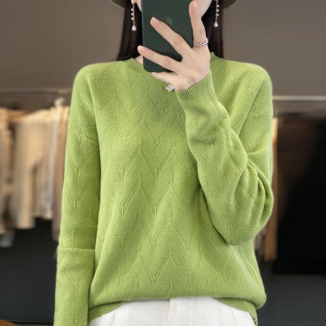 Weelop-Long Sleeve Crew Neck Plain Knit Top