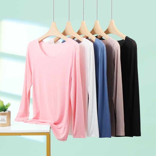KUMI-Long-Sleeve Crew Neck Plain Tee