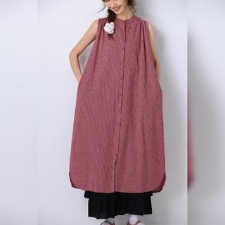 PANDAGO Sleeveless Stand Collar Plaid Button-Up Midi Tunic Dress Sale