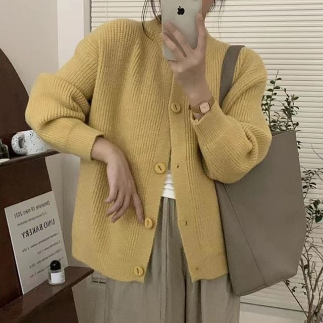 Odestra-Crew Neck Plain Ribbed Button-Up Cardigan
