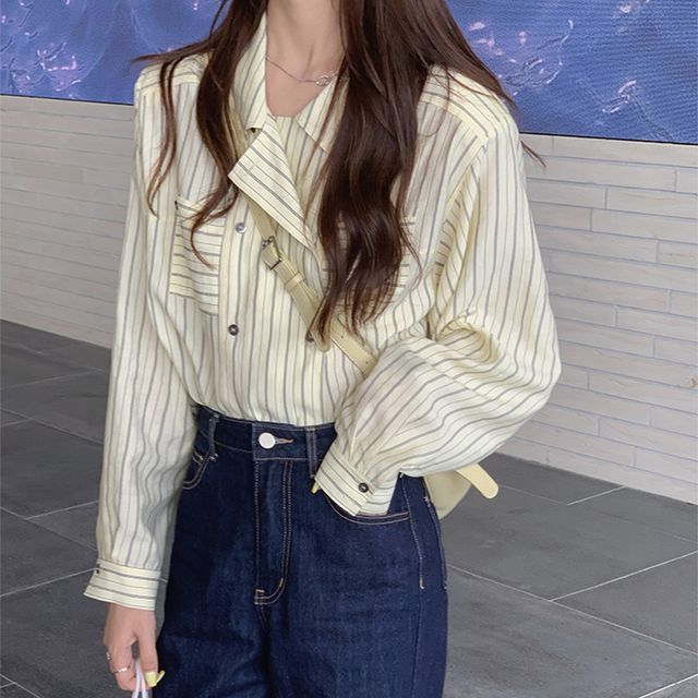 Everose-Long-Sleeve Striped Double-Breasted Shirt