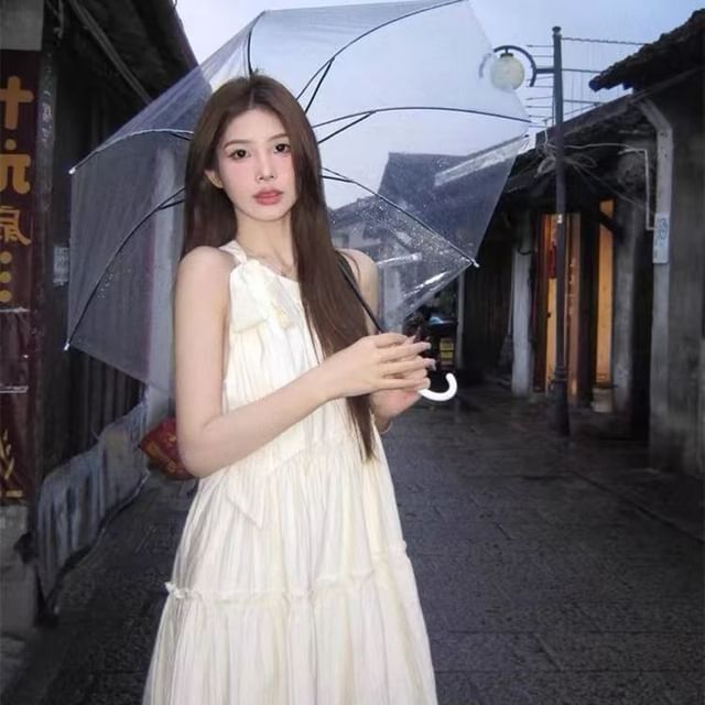 Everose-Halter Neck Plain Frill Trim Tunic Dress