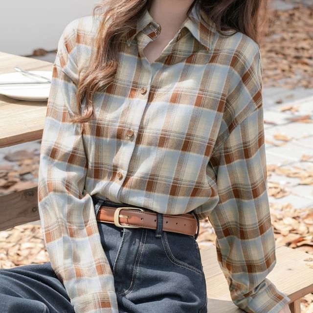 Magimomo-Long-Sleeve Collared Plaid Button Up Shirt