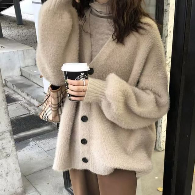 Beaustreet-Puff-Sleeve V-Neck Plain Fluffy Oversized Cardigan